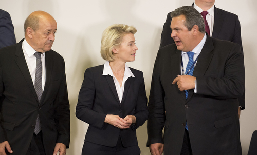 Left to right:  Jean-Yves Le Drian (Minister of Defence, Minister) with Ursula von der Leyen (Minister of Defence, Germany) and Panos Kammenos (Minister of Defence, Greece)