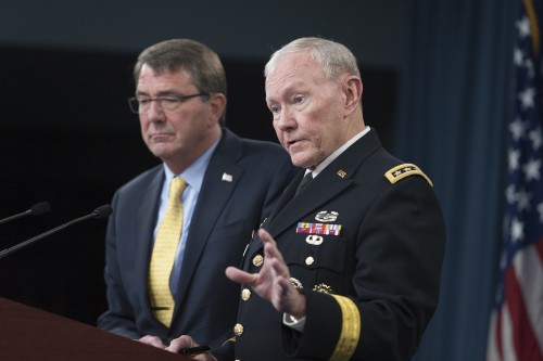 Secretary of Defense Ash Carter and 18th Chairman of the Joint Chiefs of Staff Gen. Martin E. Dempsey brief the press in the Press Briefing Room at the Pentagon, July 1, 2015.  (DoD photo by Mass Communication Specialist 1st Class Daniel Hinton/released)