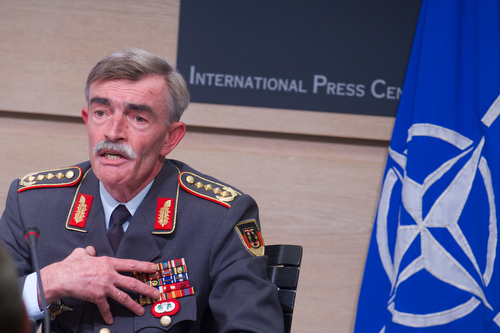 General Hans-Lothar Domrose, Commander JFC Brunssum during the joint press point with Lieutenant General Phil Jones, Chief of Staff Allied Command Transformation and NATO Spokesperson, Oana Lungescu
