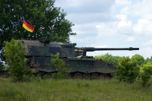 A German Panzerhaubitze 2000 awaits orders from the fire direction center June 11, 2015 at the Drawsko Pomorskie Training Area in Poland as German and U.S. artillery and mortar units train together during Saber Strike 15, a long-standing U.S. Army Europe-led cooperative training exercise. This year’s exercise takes place across Estonia, Latvia, Lithuania, and Poland, and is designed to improve joint operational capability in a range of missions as well as preparing the participating nations and units to support multinational contingency operations. There are more than 6,000 participants from 13 different nations. (U.S. Army photo by Spc. Marcus Floyd, 13th Public Affairs Detachment)