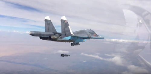 RAQQA/SYRIA 09oct2015 - Russian Su-34 drops KAB-500 C PGM screenshot from MoD Russia video https://youtu.be/pBEkjj9PL5I