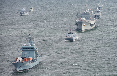 160610-O-ZZ999-003 BALTIC SEA (June 10, 2016) BALTOPS 2016 participants steam in formation during a photo exercise June 10, 2016. BALTOPS is an annual recurring multinational exercise designed to improve interoperability, enhance flexibility and demonstrate the resolve of allied and partner nations to defend the Baltic region. (Photo by France Air Force Warrant Officer Cedric Artigues/Released)