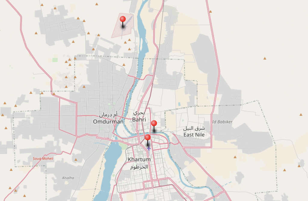 Karte von Khartum und Umgebung: Wadi Seidna im Norden; im Süden der Flughafen von Khartum und nördlich davon die deutsche Botschaft 