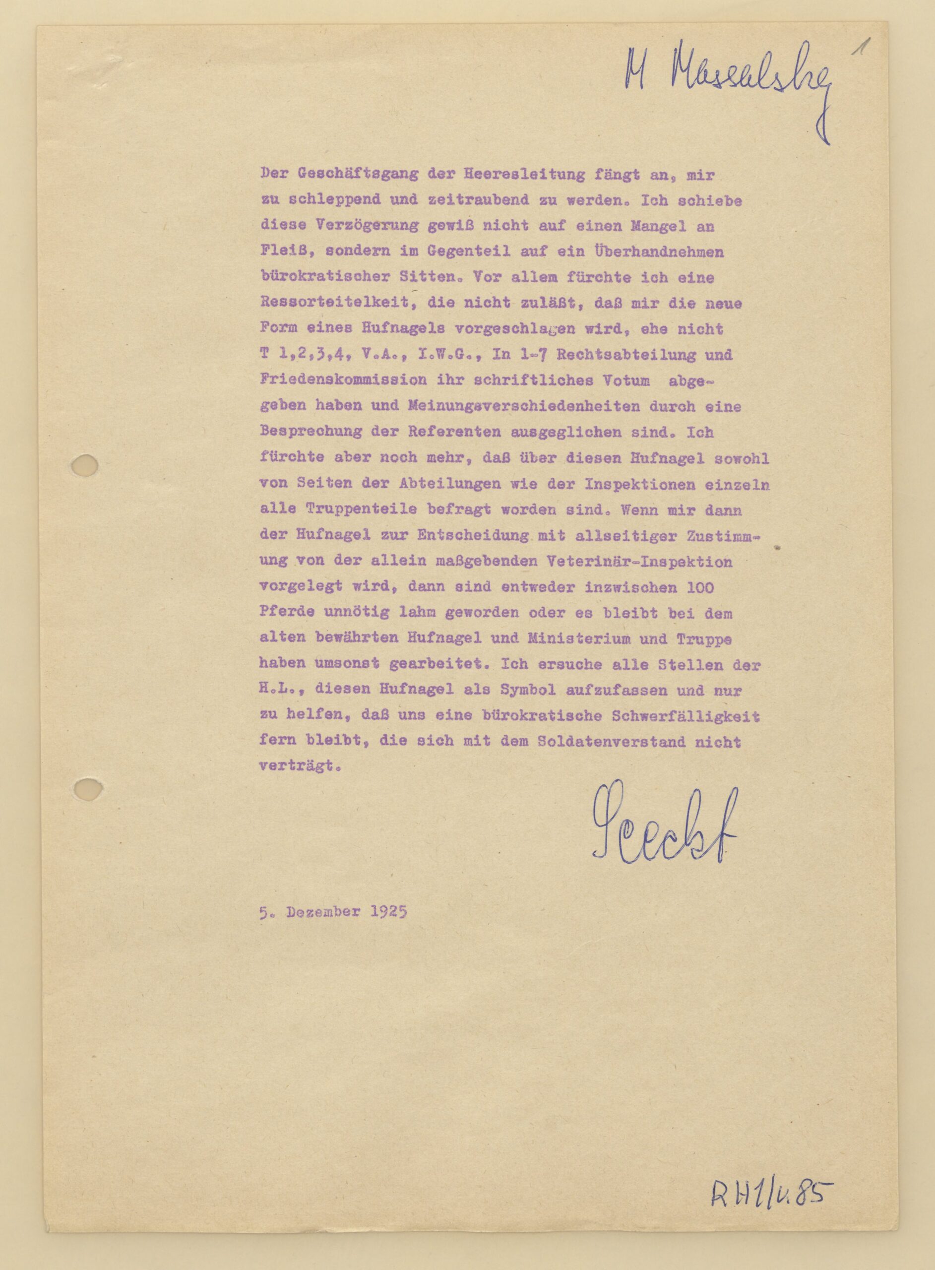 Meilenstein der Militärbürokratie: 100 Jahre Hufnagelerlass